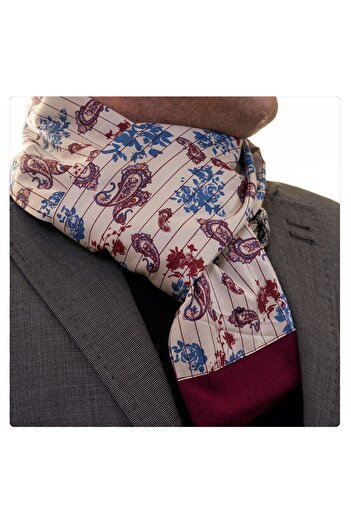 Exve Exclusive Claret Red and Blue Paisley Pattern Printed Double Sided Scarf on Beige