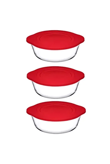 Paşabahçe Round Pot Borcam Set of 3 - Red with Lid, 840cc