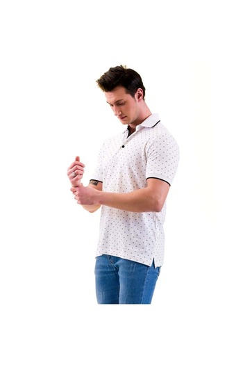 Exve Exclusive Polo Neck Short Sleeve Cotton Slim Fit T-Shirt with Geometric Pattern on White Collar Sleeve Piping Detail