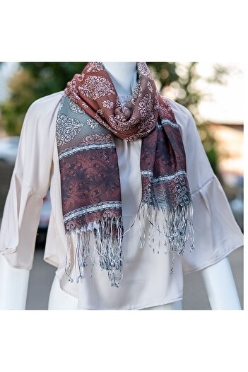 Exve Exclusive Burgundy Gray Paved Shawl Pattern Digital Printing Women's Shawl