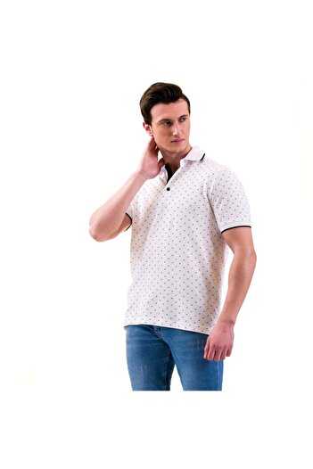 Exve Exclusive Polo Neck Short Sleeve Cotton Slim Fit T-Shirt with Geometric Pattern on White Collar Sleeve Piping Detail
