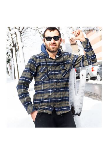 Exve Exclusive Navy Blue Khaki Plaid Seasonal Hooded Lumberjack Western Shirt