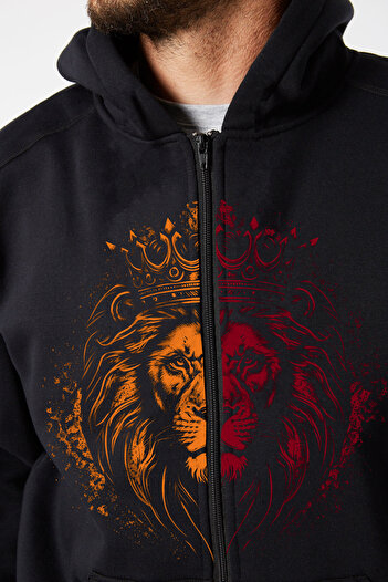 offsidesign Unisex Siyah Fermuarlı Hırka Fermuarlı Kapüşonlu Sweatshirt Ceket Sarı Kırmızı Aslan Baskılı Hırka