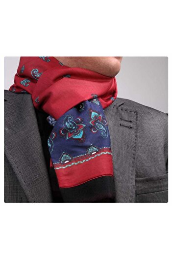 Exve Exclusive Red Double Sided Scarf with Blue Shawl Pattern