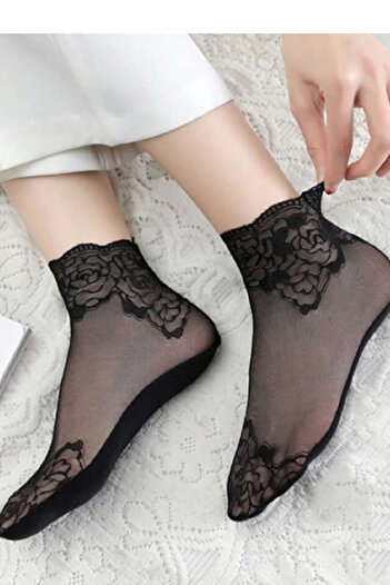 Bernato Siyah Moda Dantel Çorap Kaymaz Görünmez Dantel Desenli Çorap