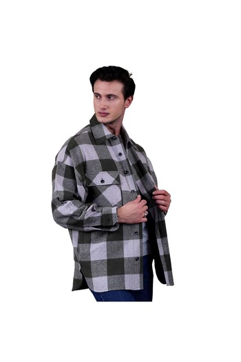 Exve Exclusive Khaki Gray Plaid Checked Oversize Winter 4 Pocket Casual Lumberjack Plus Size Shirt