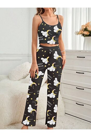 Cesur Women's Strap Long Pajama Set BlackMoon1