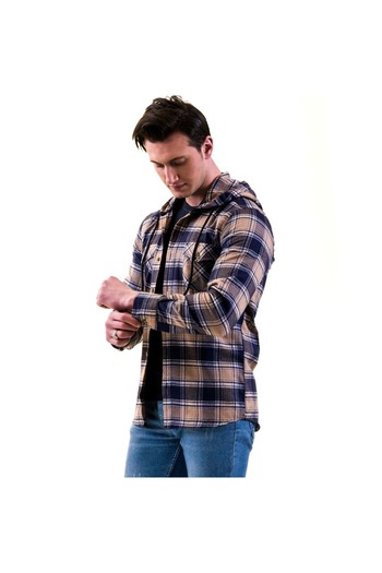Exve Exclusive Mustard Yellow And Blue Plaid Wool Double Pocket Hooded Lumberjack Western Shirt