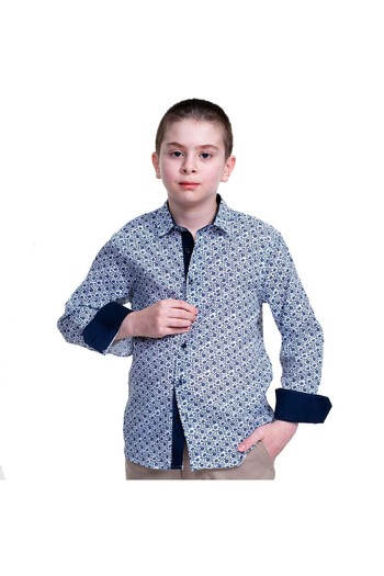 Exve Exclusive Cămașă pentru copii cu imprimeu flori albastre cu detaliu bleumarin
