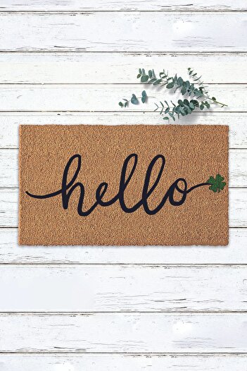Paspas Yap Hello Written Green Clover Designed Mat Koko Mat Outdoor Door Mat