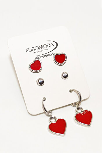 EUROMODA طقم أقراط مكون من 3 قطع مع أقراط كروية - تصميم قلب