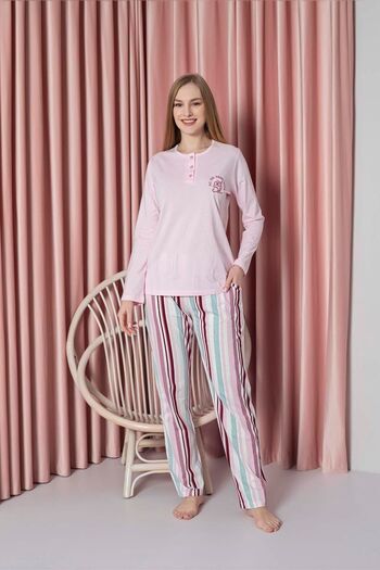 AHENGİM Single Jersey Cotton Pajama Set for Women - Long Sleeve, Striped and Chest Embroidered W20712327