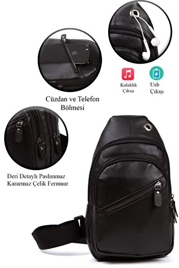 AVCA Unisex Black Leather Cross Strap Waist Shoulder Bag with Headphone Outlet