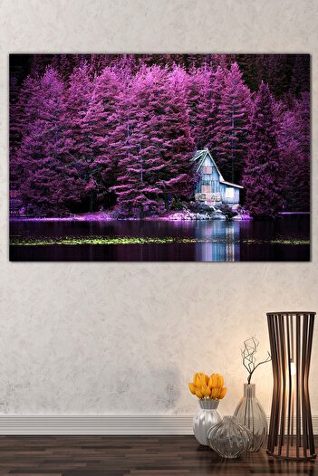 Morfil Sanat Atölyesi Purple Rainbows and Lake House Magnificent Landscape Nature Canvas Painting