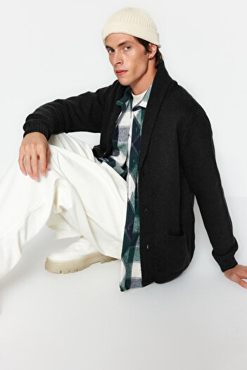 Trendyol Collection Shawl Collar Black Knitwear Cardigan - Regular Fit Tmnaw22Hi0131