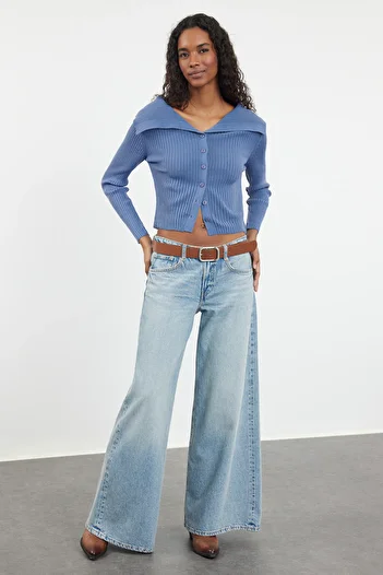 Trendyol Collection Turn-Down Collar Blue Knitwear Cardigan - TWOAW24HI00284