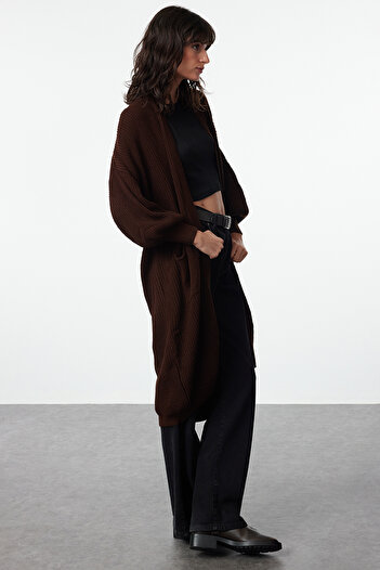 Trendyol Collection Maxi Brown Knitwear Cardigan - Twoaw24Hi00096