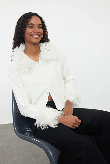 Trendyol Collection Knitwear Cardigan - Bone Fur Detail and Jacket Look Twoaw25Hi00155