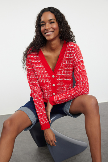 Trendyol Collection TWOAW25HI00240 Model Red Tweed Knitwear Cardigan