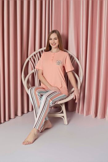 AHENGİM sinGle Jersey Cotton Pajama set for Women - short sleeve, Lower stripes and Chest Embroidery W 20722328