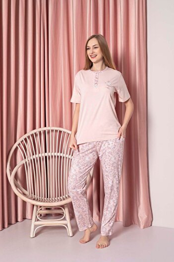 AHENGİM Kadın Pijama Takımı Süprem Kısa Kollu Büyük Gül Desenli Pamuklu