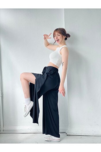 Retrobird Yırtmaç Detaylı Wide-leg Pantolon Etek Kadın Siyah