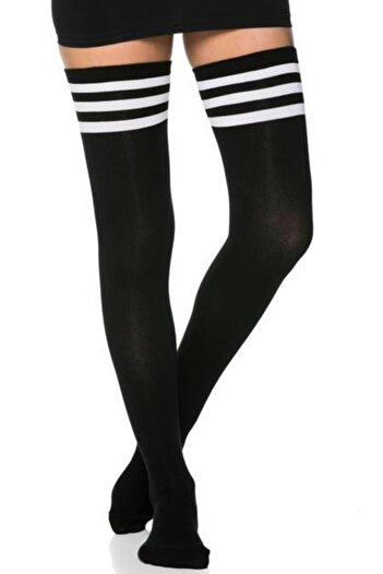 lovebox Women's 3 Stripe Detailed Cotton Black Knee Socks Garter Length Black Long Socks