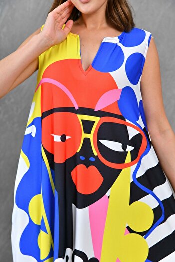 bayansepeti Sleeveless Oversize Maxi Dress with Pockets - Digital Printed, Designed Fabric 10082