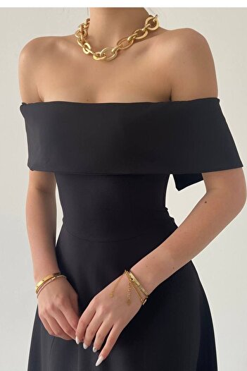vuvutasarım Black Atlas Fabric Detail Madonna límečku Černé rozevláté midi šaty 222