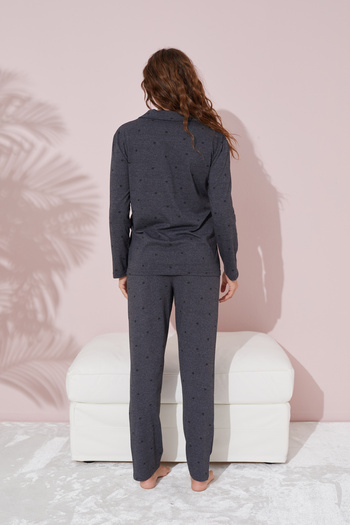 Siyah İnci Cotton Anthracite Black Puje Patterned Buttoned Pajama Set