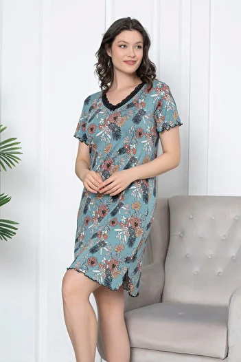 ZMT Collection Cămașă de noapte cu mânecă scurtă din lycra cu dantelă cu imprimeu verde petrol - mâneci adunate și fante