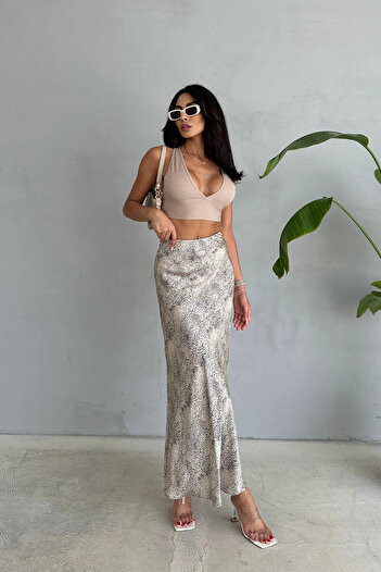 Ortaya Çık Satin Midi Length Leopard Patterned Skirt