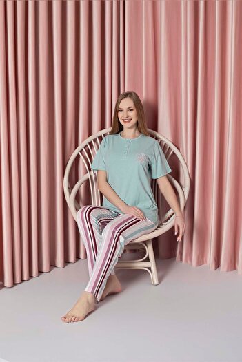 AHENGİM sinGle Jersey Cotton Pajama set for Women - short sleeve, Lower stripes and Chest Embroidery W 20722328