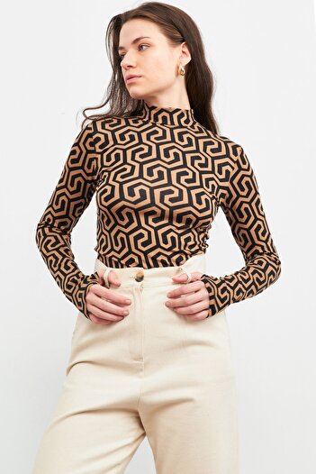 Bipantolon Women's Camel Round Geometry Patterned Finger Detailed Body