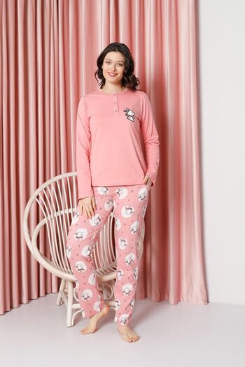 AHENGİM Rabbit Patterned Cotton Single Jersey Women's Pajama Set - Long Sleeve