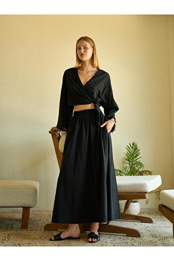 Juste Studio Linen Black Elastic High Waist Skirt