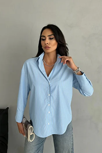 Ortaya Çık Pinstripe Blue Basic Shirt