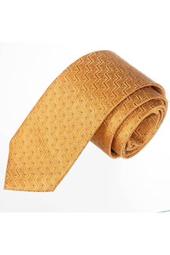 Exve Exclusive Golden Zigzag Patterned Blue Polka Dot Jacquard Woven Handcrafted Tie