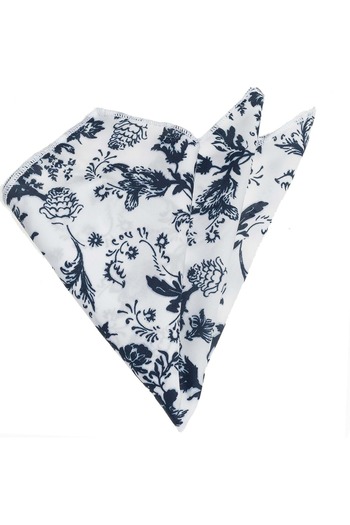 Exve Exclusive White and Navy Blue Flower Printed Pocket Collar Handkerchief