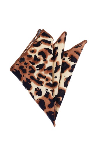 Exve Exclusive Beige Brown Black Leopard Pattern Printed Viscose Pocket Collar Handkerchief