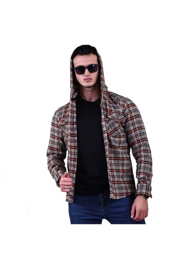 Exve Exclusive Beige Black Orange Plaid Checked Hooded Double Pocket Woolen Winter Lumberjack Jacket Shirt