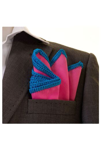 Exve Exclusive Pocket Collar Handkerchief with Blue Edging on Pink Natural Linen