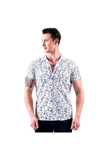 Exve Exclusive Blue Floral Printed Cotton Hawaiian Open Neck Short Sleeve Summer Shirt on White