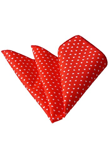 Exve Exclusive White Heart Printed Heart Pocket Collar Handkerchief on Red