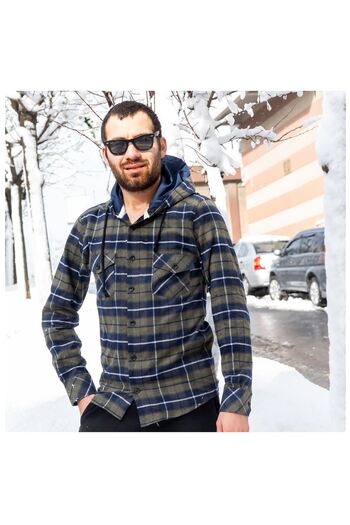 Exve Exclusive Navy Blue Khaki Plaid Seasonal Hooded Lumberjack Western Shirt