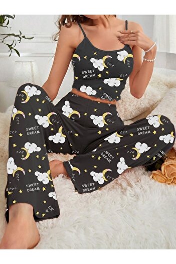 Cesur Women's Strap Long Pajama Set BlackMoon1