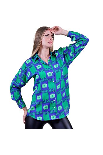 Exve Exclusive Blue Green Ethnic Patterned Oversize Comfortable Woven Women's Viscose Long Shirt Tunic