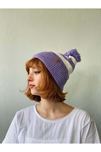Retrobird Ponponlu Unisex Çizgili Bere Kadın Lila