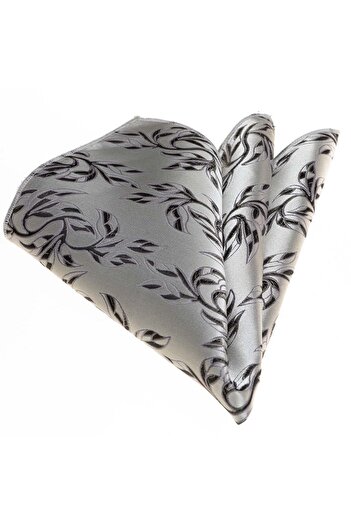 Exve Exclusive Silver Black Leaf Pattern Woven Pocket Collar Handkerchief