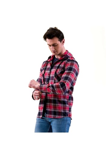 Exve Exclusive Red Navy Blue Plaid Checked Wool Double Pocket Hooded Lumberjack Western Shirt